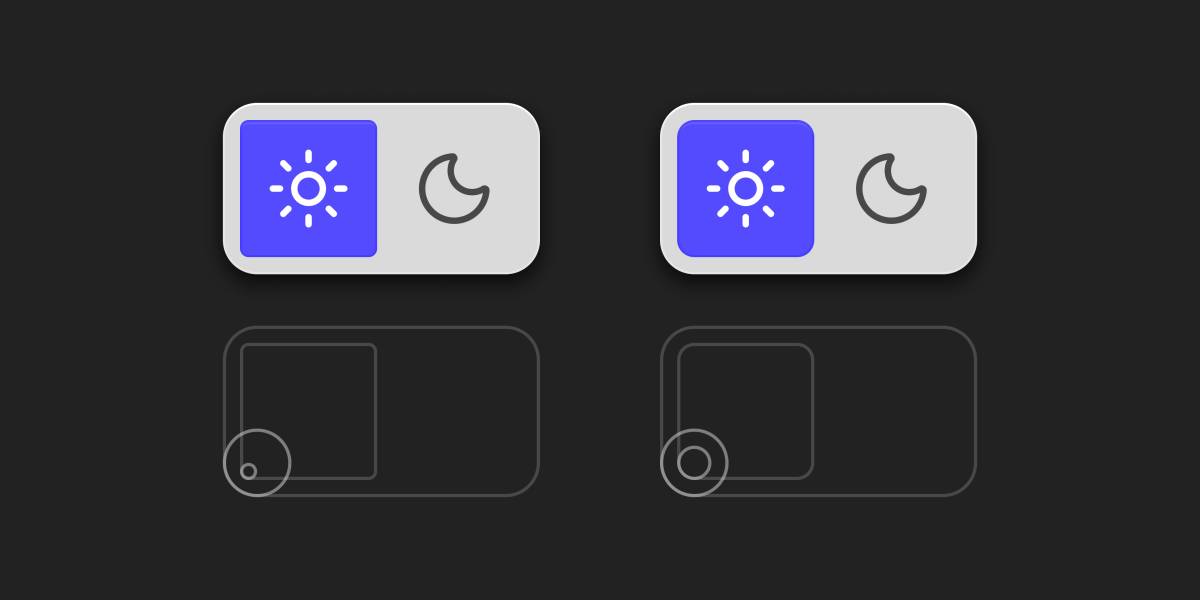 Two UI components compare misaligned versus concentrically aligned corner radii. These elements are dark/light switches with two  icon buttons each (a sun and a moon), the first highlighted in blue. The left variant uses misaligned radii; the right uses concentric alignment.