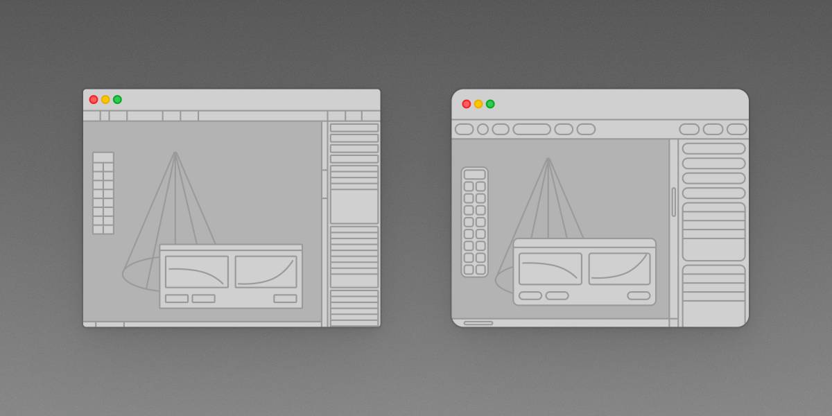 Two simplified UI layouts on a dark background of the same application interface. The left uses sharp corners, while the right features heavily rounded ones. That sharper design leaves more usable canvas space than the rounded version.