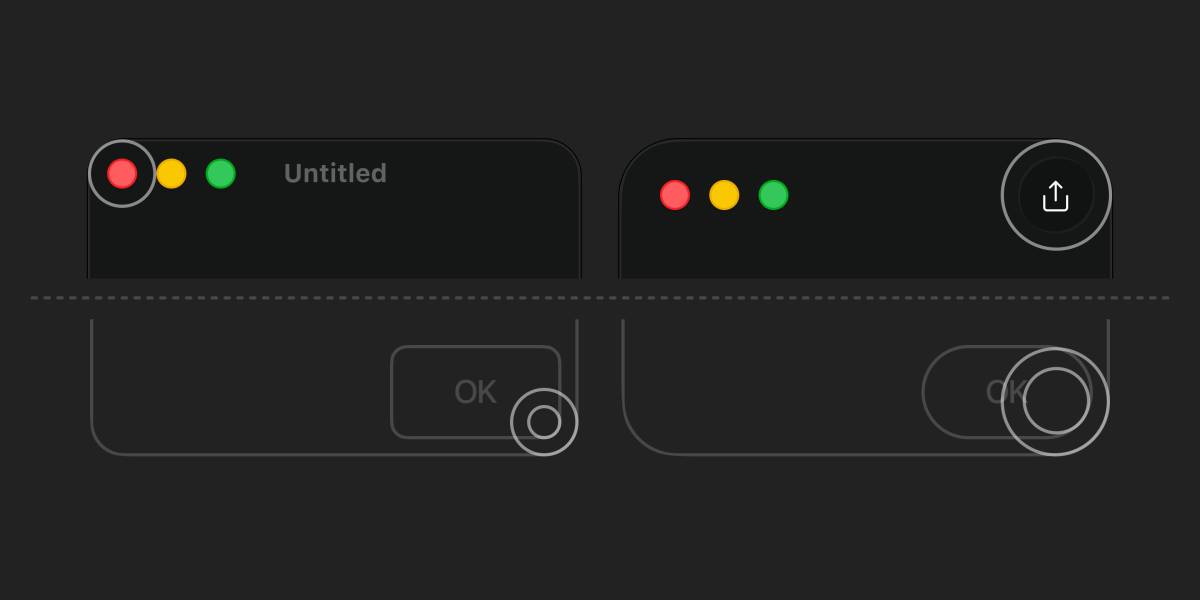 Two macOS Tahoe windows side-by-side with different corner radii. The left window has a title bar with standard window controls. The right window adds a large circular action button, resulting in greater padding and a wider corner radius that follows the button&rsquo;s curve.
