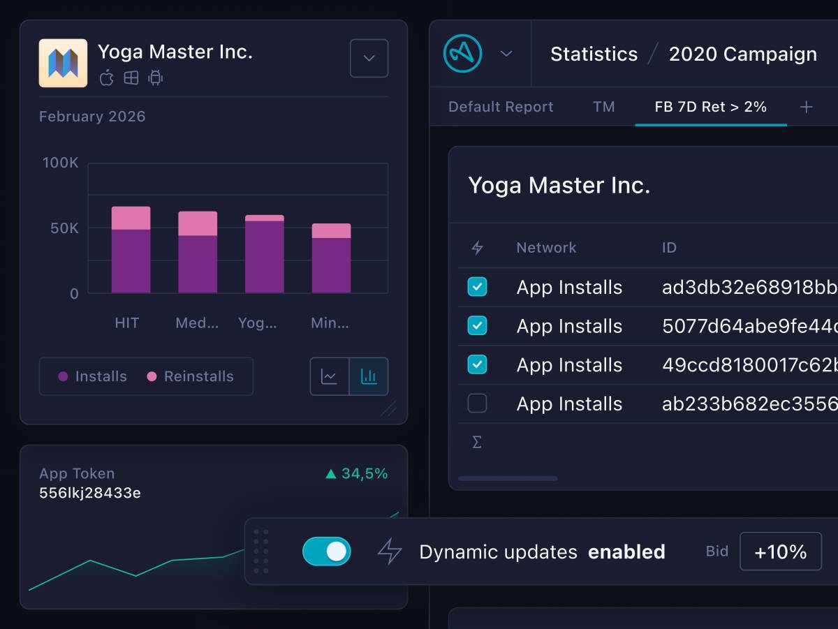 Several UI elements like a data table wil selectable rows, an overlaying window with a bar chart, a section with a line chart, some menus and a hovering action bar with a toggle switch, all in dark color scheme.