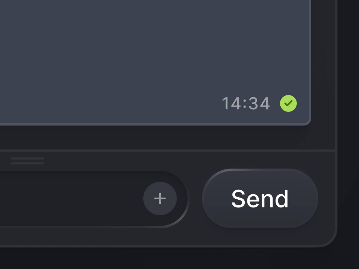 Detail of a chat interface, displaying only the lower right corner. Part of a text input and a large send-button next to it. Dark color mode, button and text input are rendered in a slightly skeumorph style with highlights, shadows and very subtle gradients.