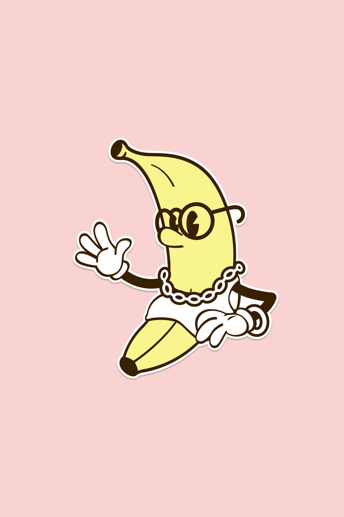 A banana drawn as a simple early disney-style cartoon character with a face and hands but no legs or feet.