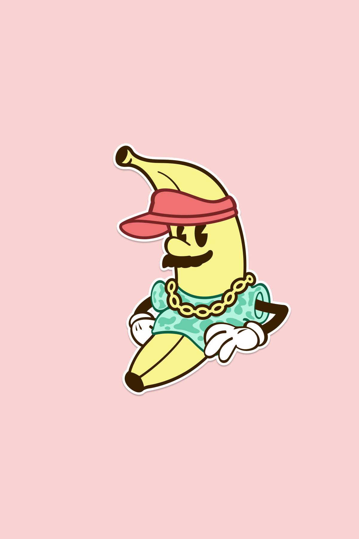 A banana drawn as a simple early disney-style cartoon character with a face and hands but no legs or feet.
