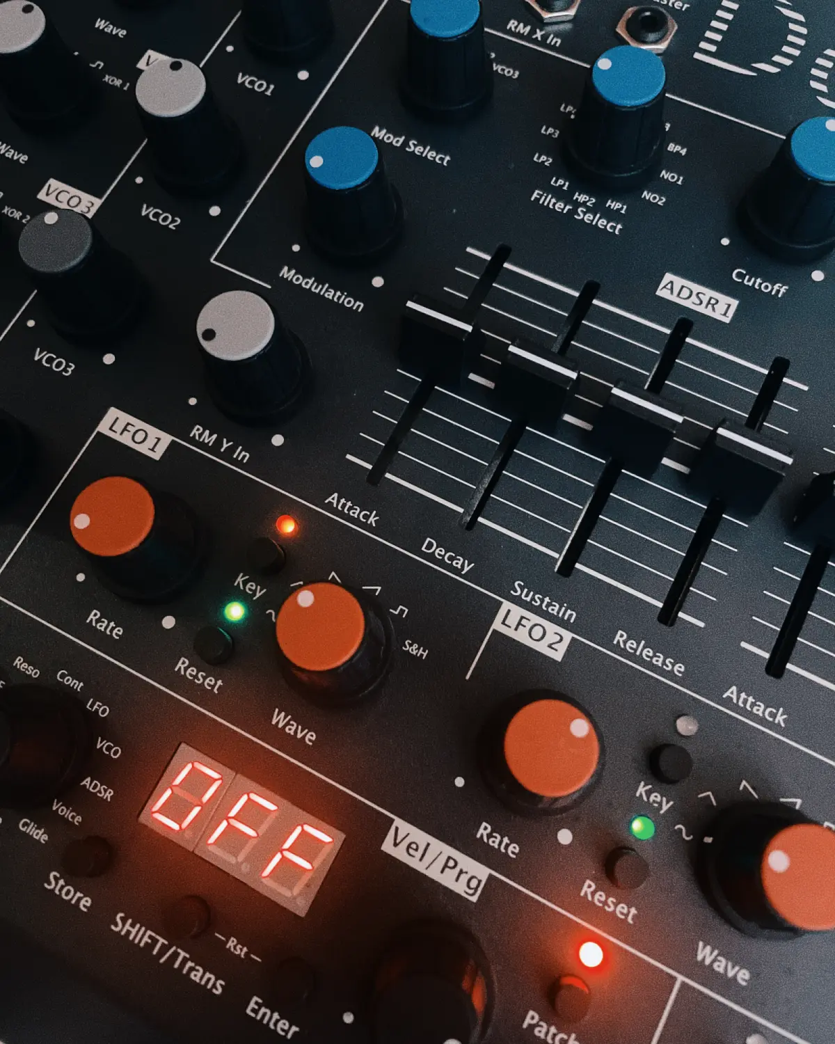 Close up of a MFB Dominion synthesizer