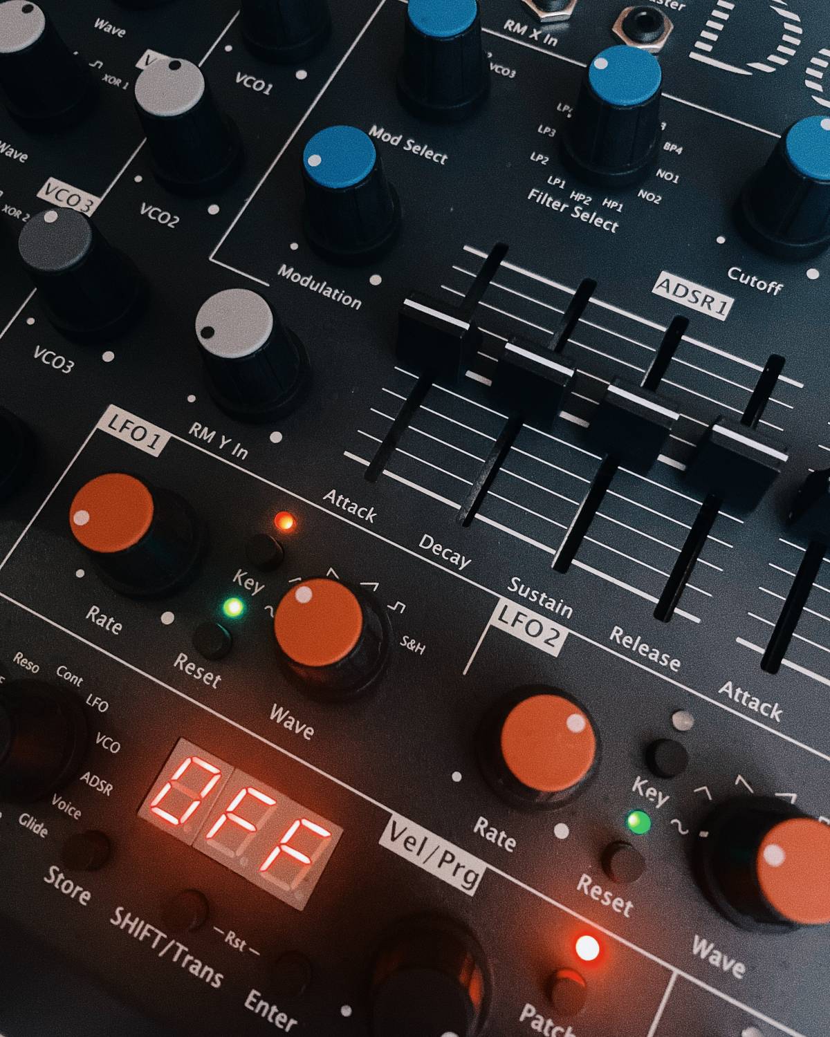 Close up of a MFB Dominion synthesizer