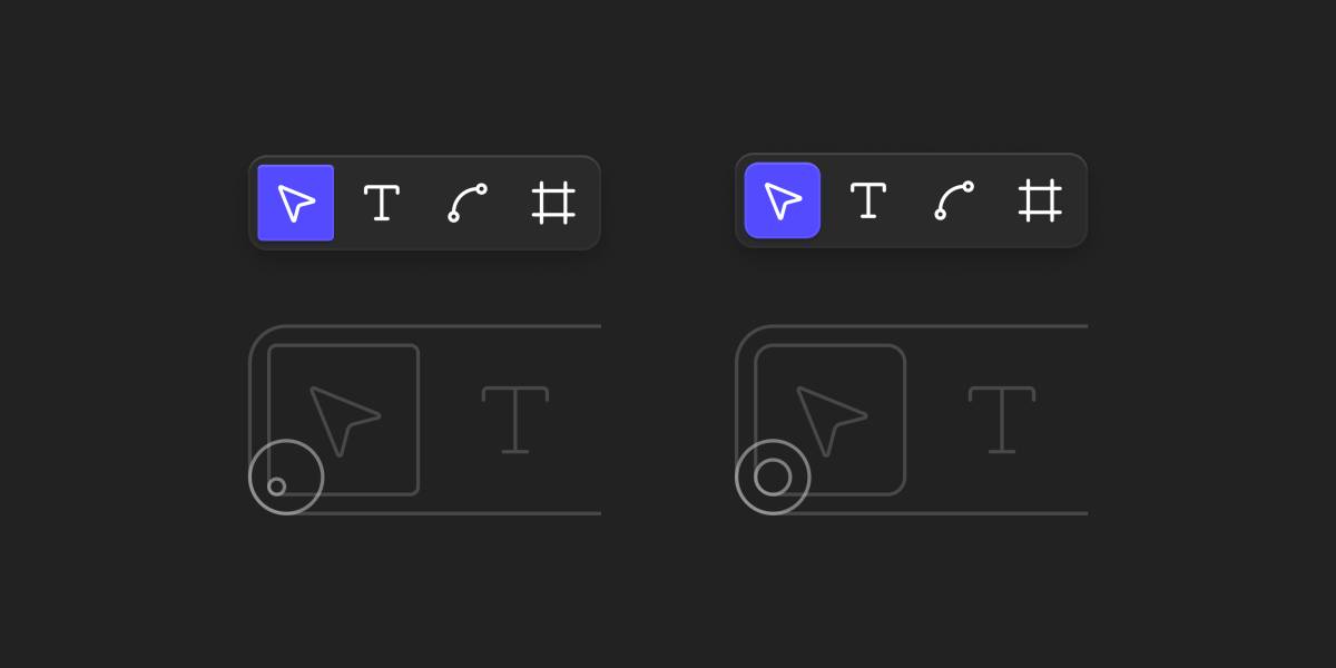 Two dark-background UI toolbars compare misaligned versus concentrically aligned corner radii. Each contains four square icon buttons, the first highlighted in blue. The left variant uses misaligned radii; the right uses concentric alignment.