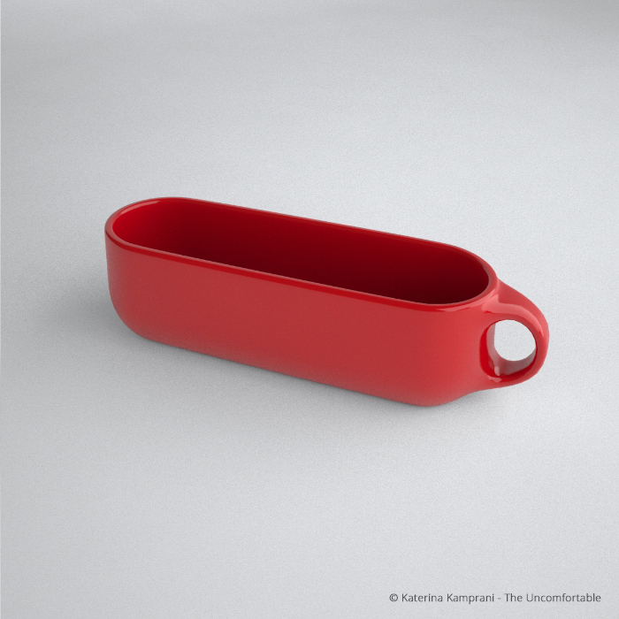 A red, comically elongated mug with a handle on its short side, set against a neutral white background.
