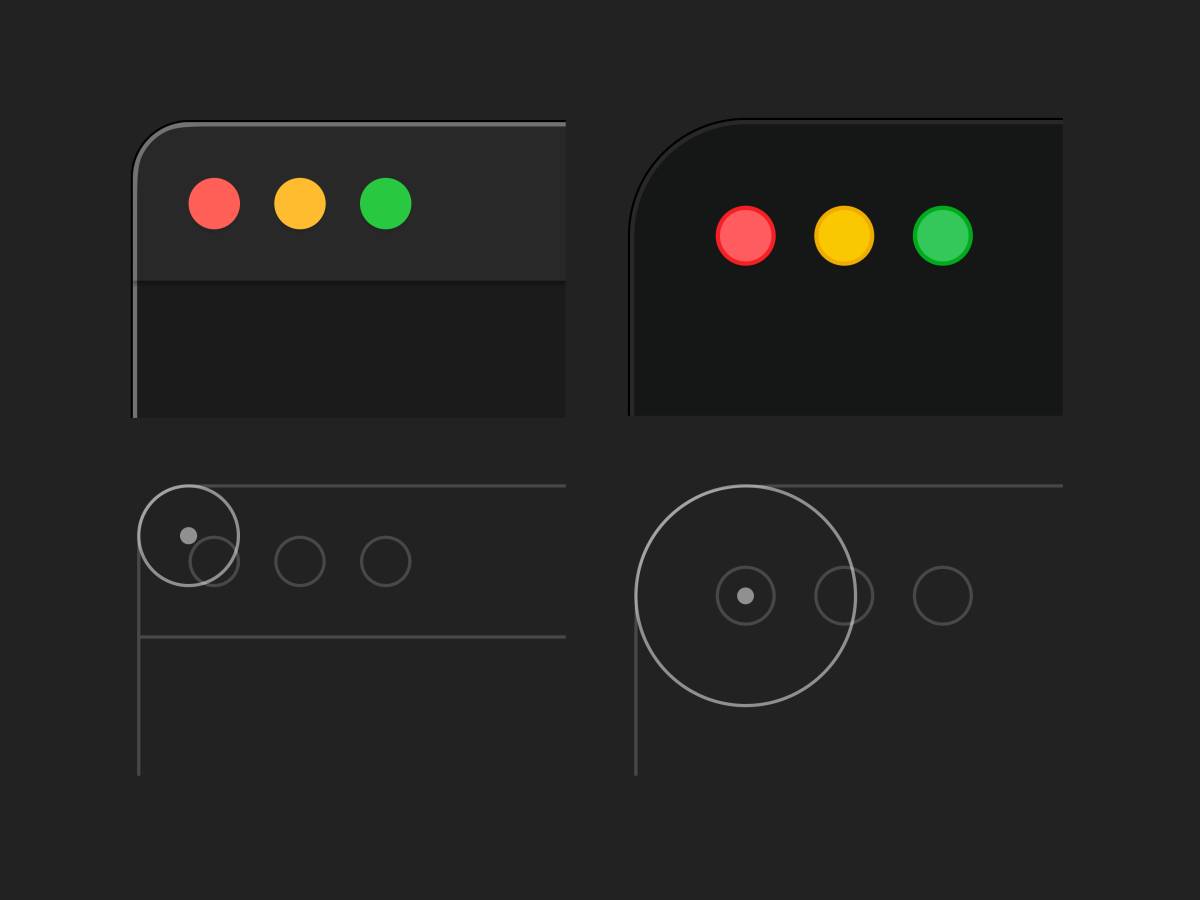 A comparison of macOS Sequoia (left) and macOS Tahoe (right) window corners, featuring three typical &ldquo;traffic-light&rdquo; controls: small red, yellow, and green buttons. The left variant displays a tight curve with minimal padding, while the right shows an extreme radius with generous spacing.