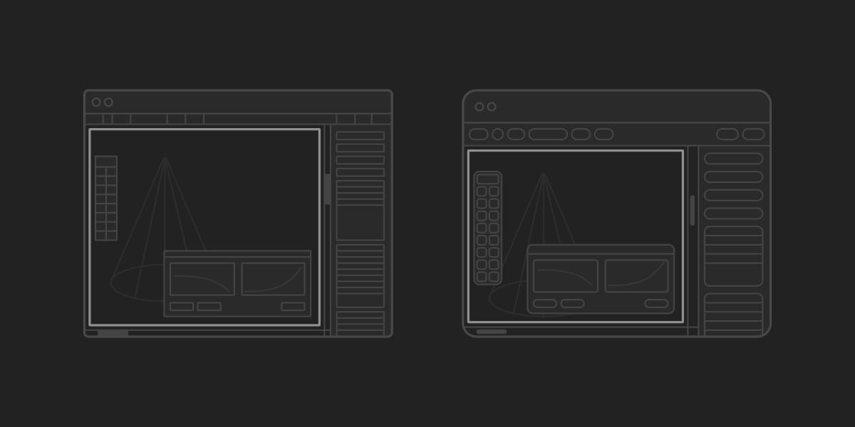 Two simplified UI layouts on a dark background of the same application interface. The left uses sharp corners, while the right features heavily rounded ones. That sharper design leaves more usable canvas space than the rounded version.