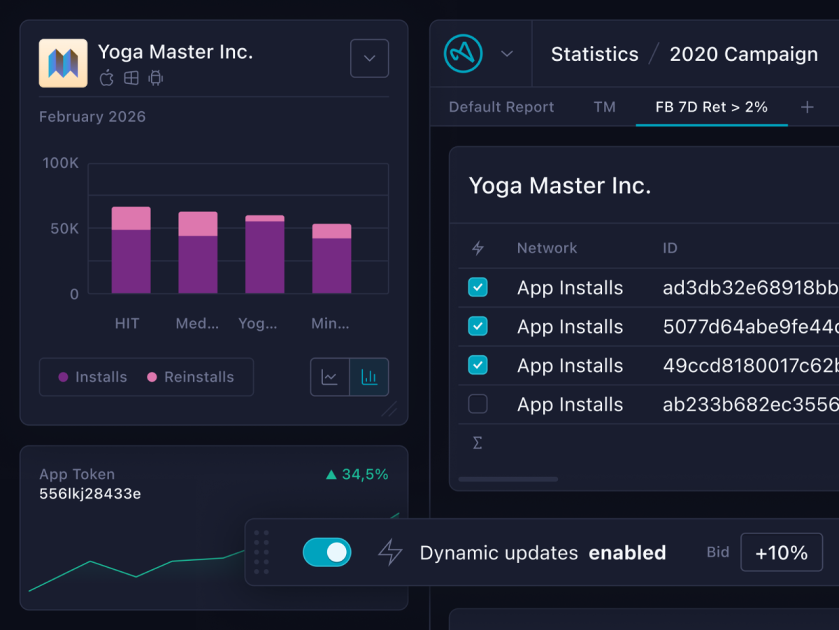 Several UI elements like a data table wil selectable rows, an overlaying window with a bar chart, a section with a line chart, some menus and a hovering action bar with a toggle switch, all in dark color scheme.