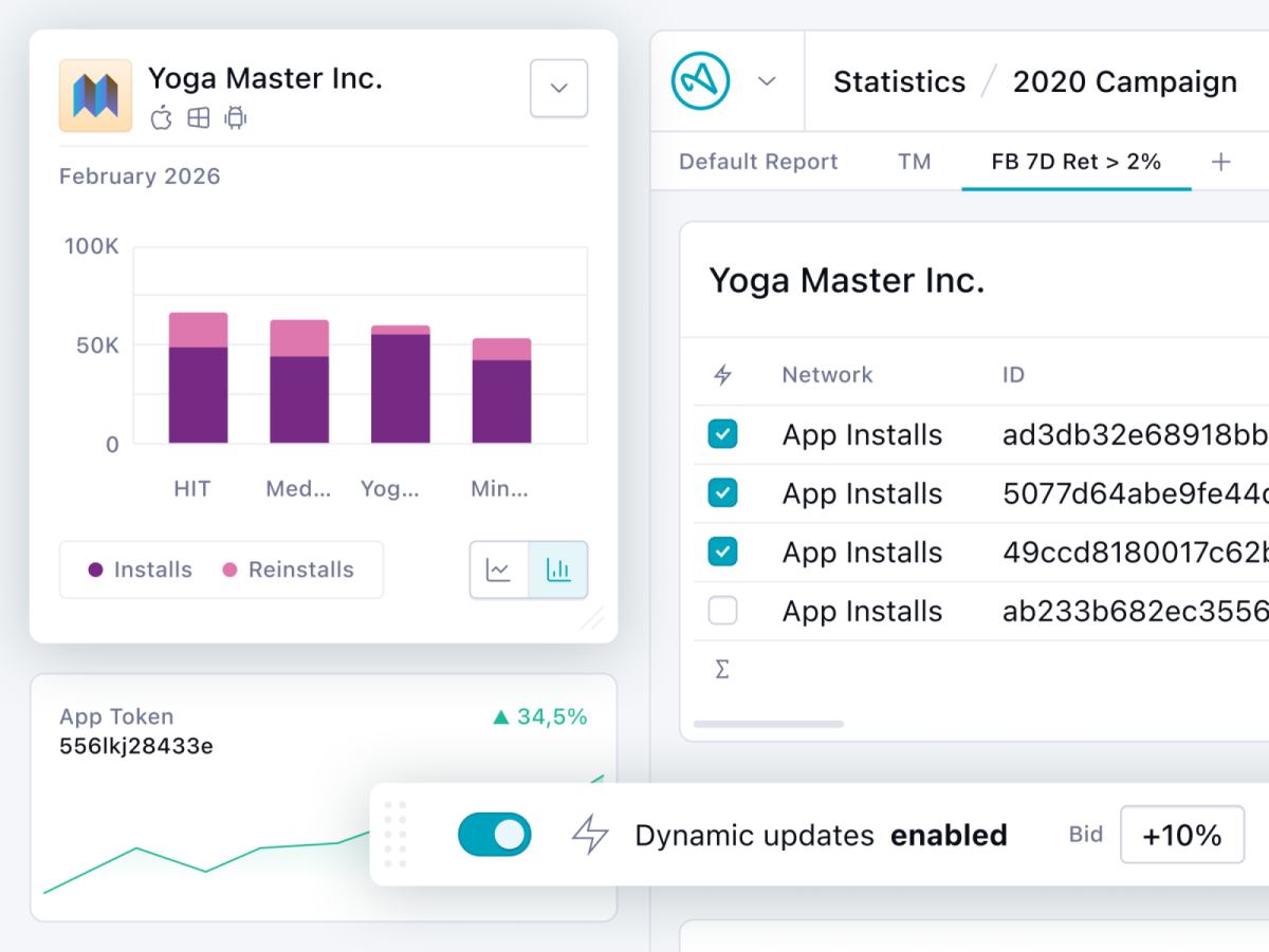 Several UI elements like a data table wil selectable rows, an overlaying window with a bar chart, a section with a line chart, some menus and a hovering action bar with a toggle switch, all in light color scheme.