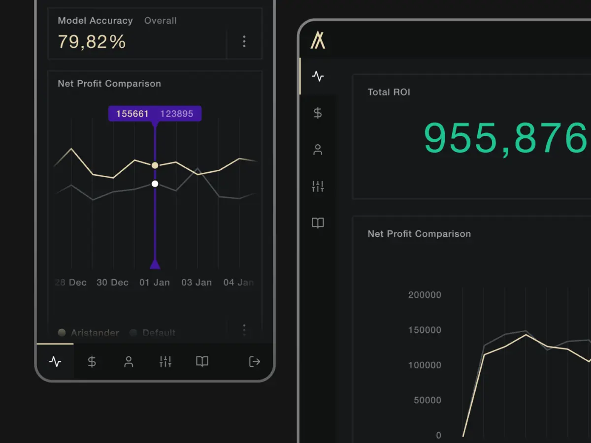 A clean and simple dashboard in dark colors, flat design style, comparing two line graphs. Two versions, one inside a stylized smartphone frame, the other, next to it, inside a larger tablet or laptop screen.