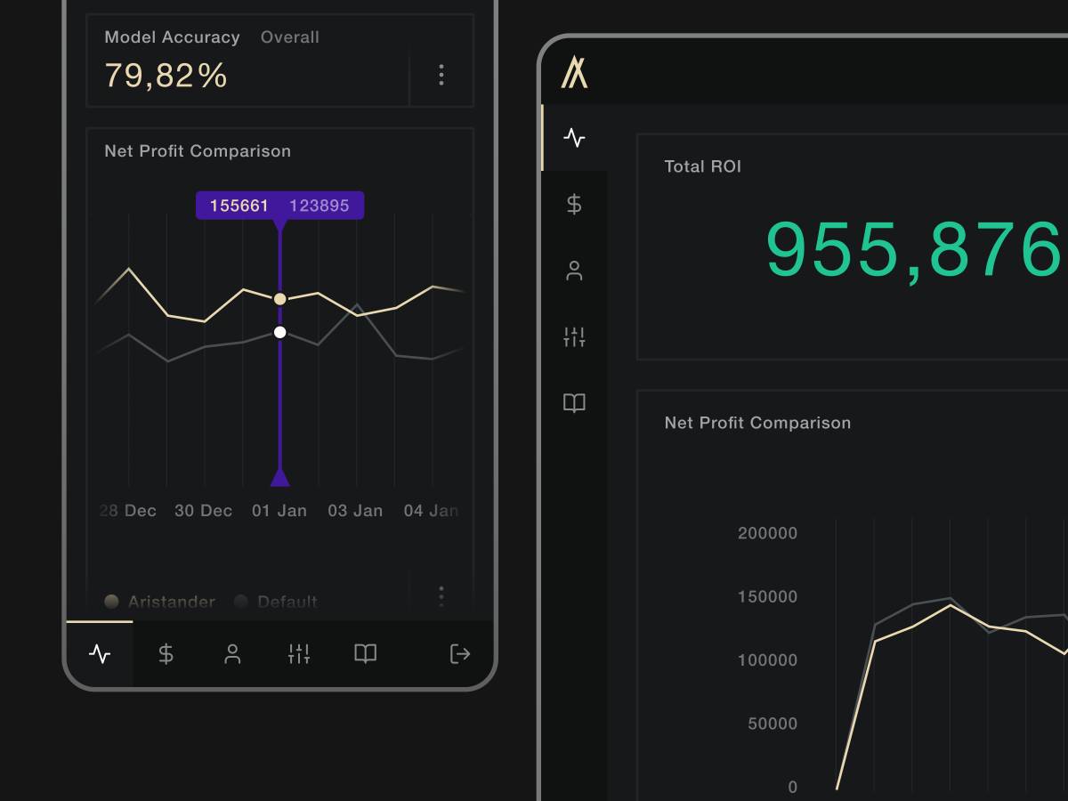 A clean and simple dashboard in dark colors, flat design style, comparing two line graphs. Two versions, one inside a stylized smartphone frame, the other, next to it, inside a larger tablet or laptop screen.