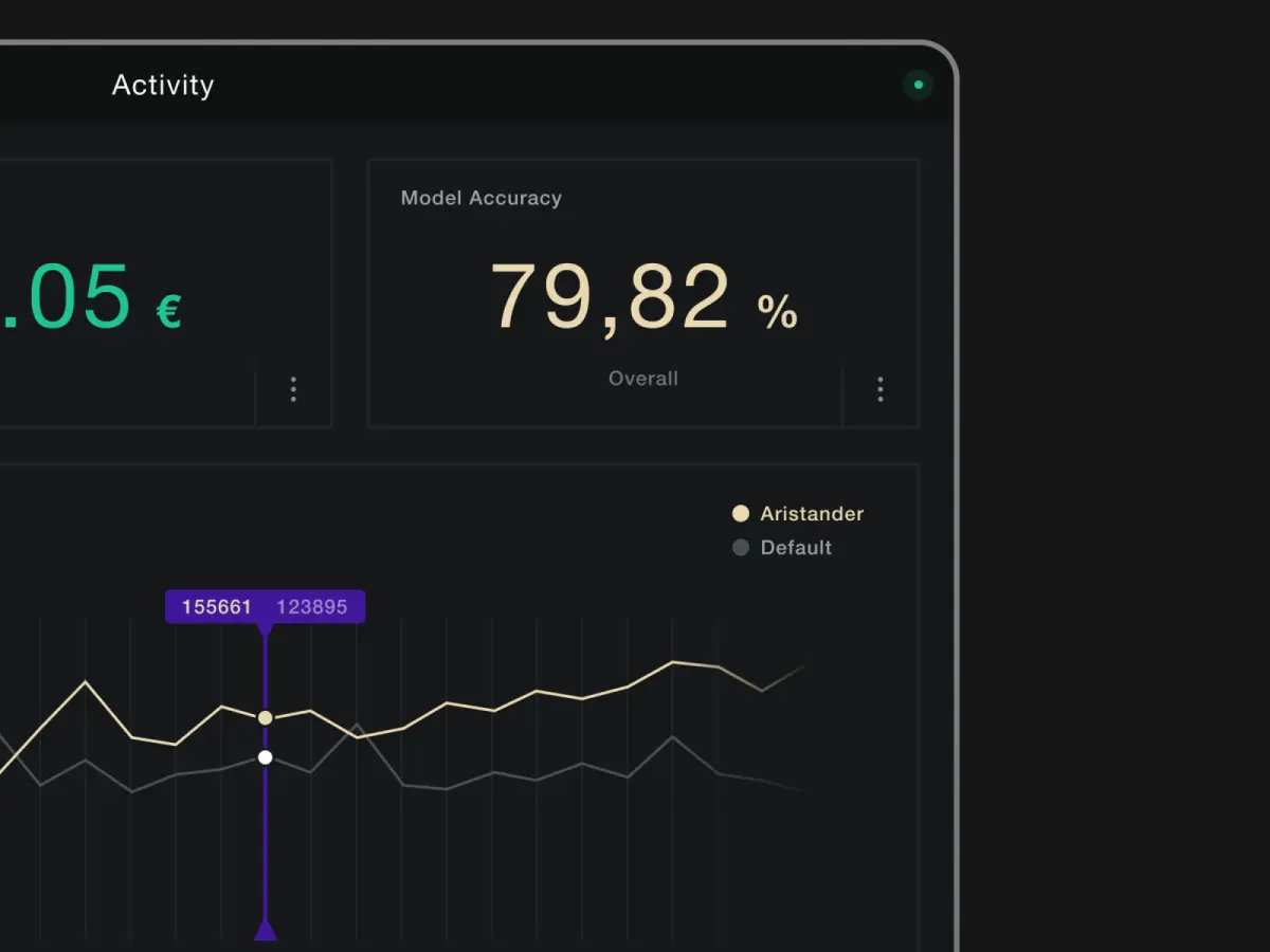 A clean and simple dashboard in dark colors, flat design style, comparing two line graphs, inside a stylized tablet or laptop screen.