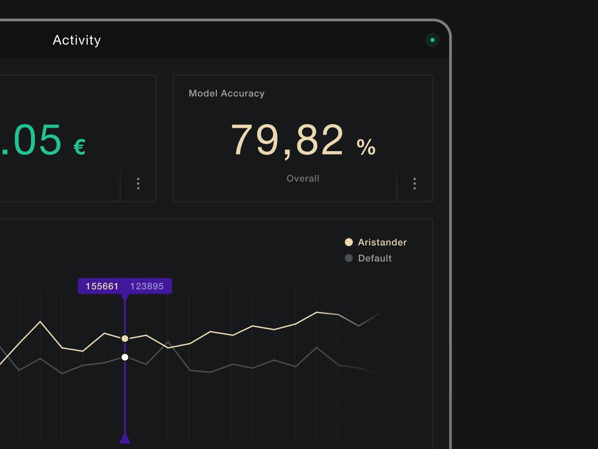 A clean and simple dashboard in dark colors, flat design style, comparing two line graphs, inside a stylized tablet or laptop screen.