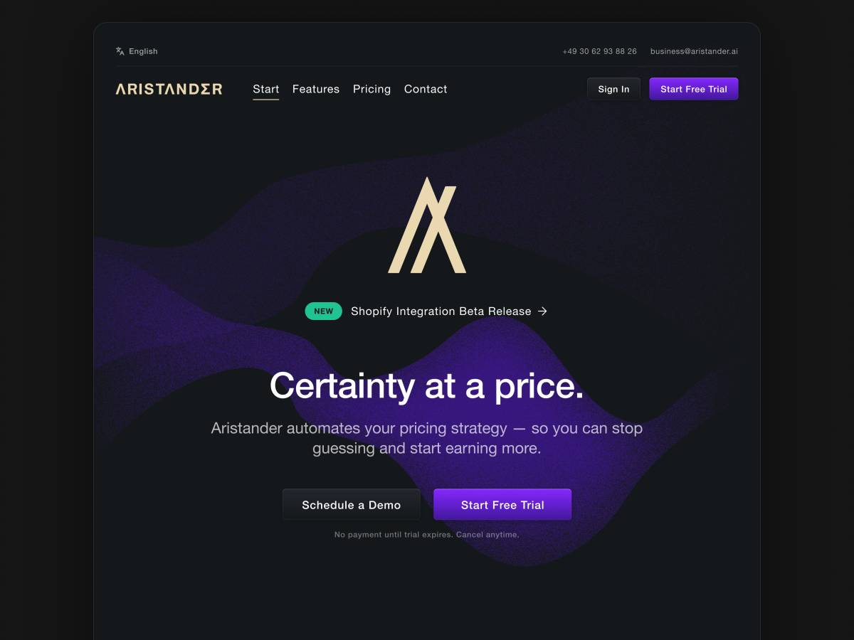 Start page layout for a product called »Aristander«.
