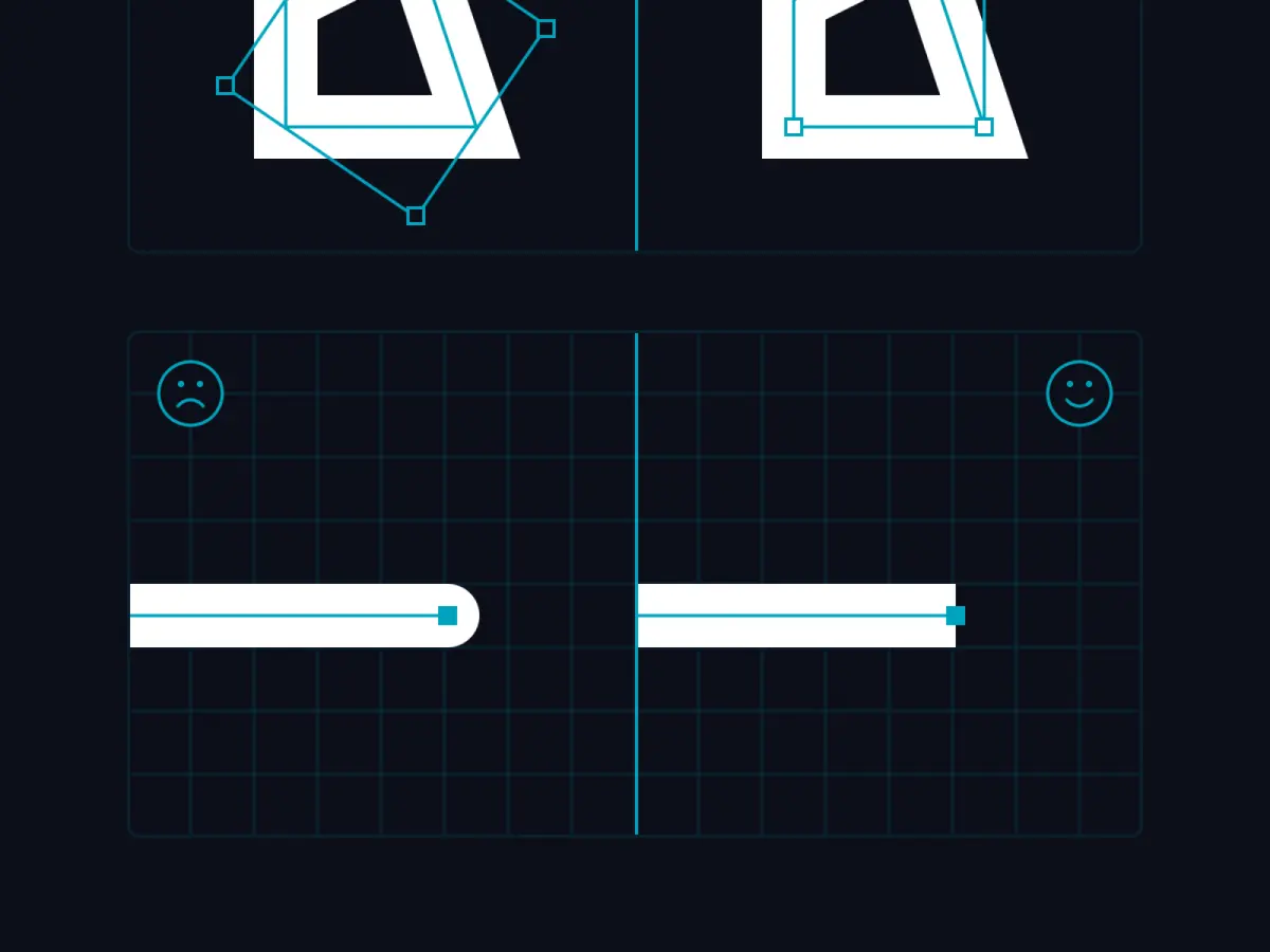 Visual guide for stylistic rules, bad example on the left, good example on the right. The first rule: Do not use transformations like rotation, the icons must be drawn exactly as it appears.  The second rule: Always use straight line ends.