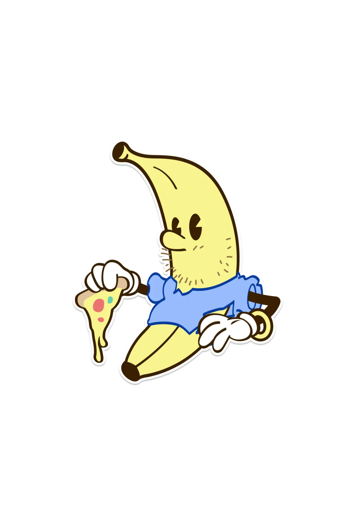 A banana drawn as a simple early disney-style cartoon character with a face and hands but no legs or feet.