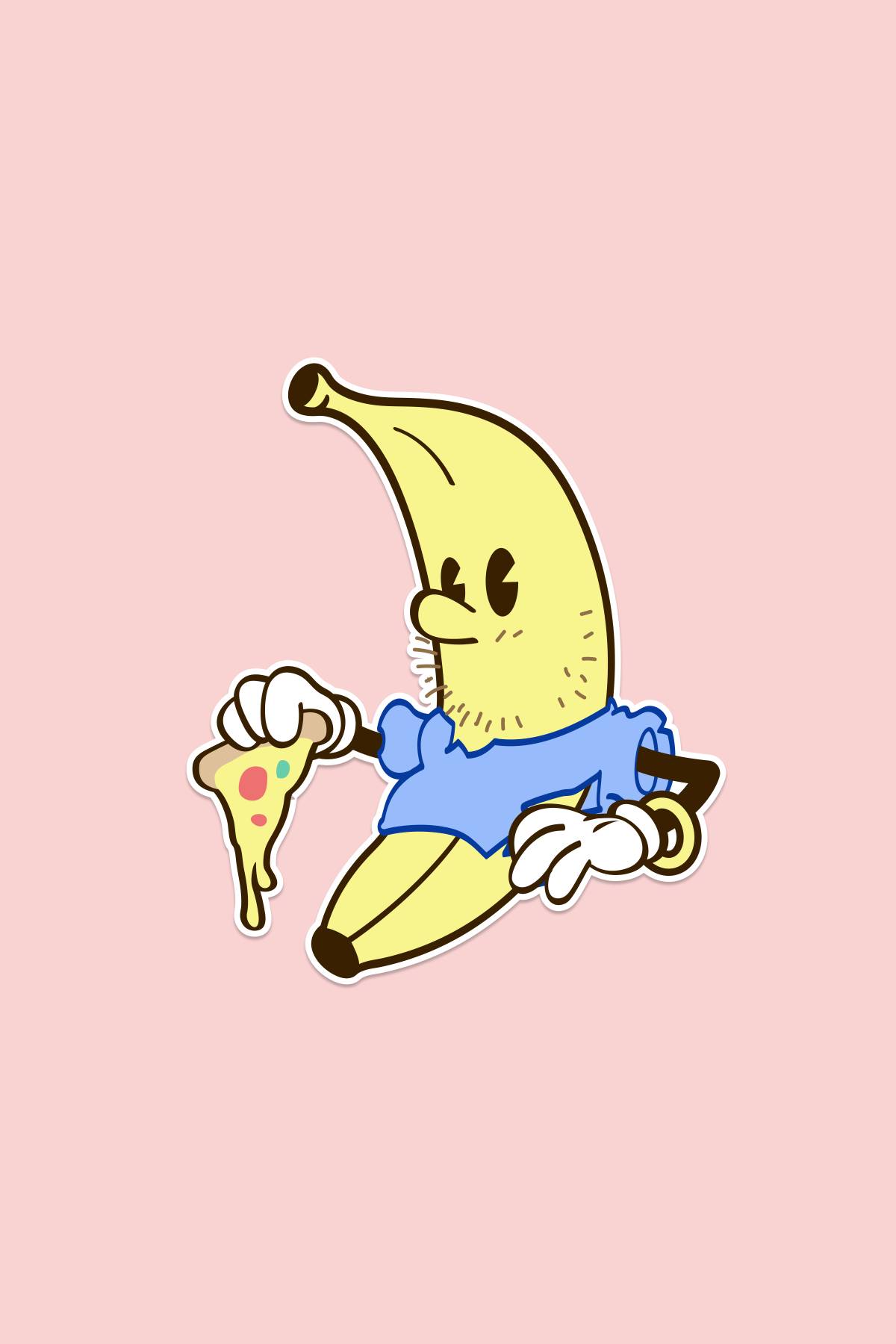 A banana drawn as a simple early disney-style cartoon character with a face and hands but no legs or feet.