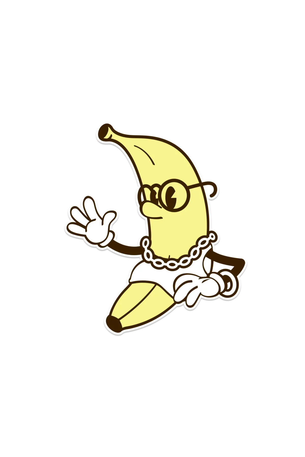 A banana drawn as a simple early disney-style cartoon character with a face and hands but no legs or feet.