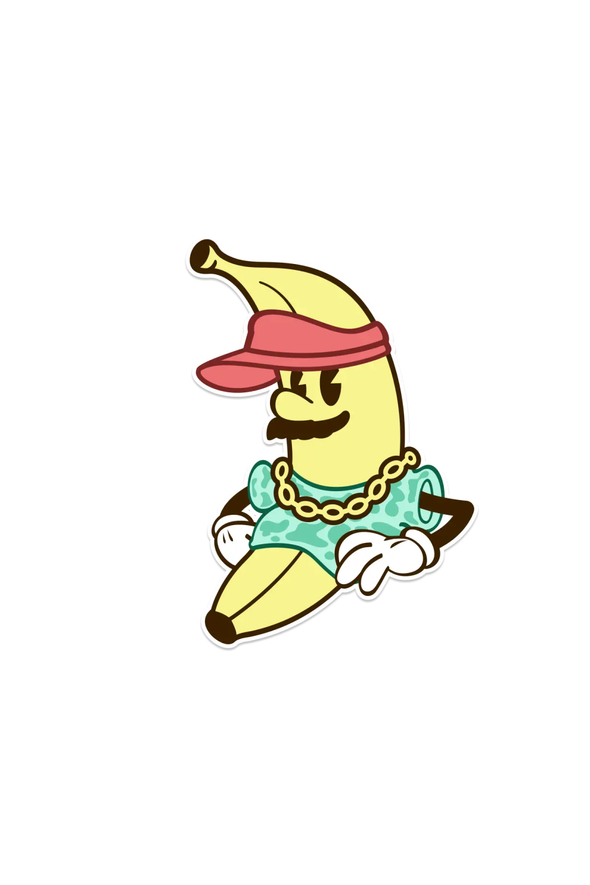 A banana drawn as a simple early disney-style cartoon character with a face and hands but no legs or feet.