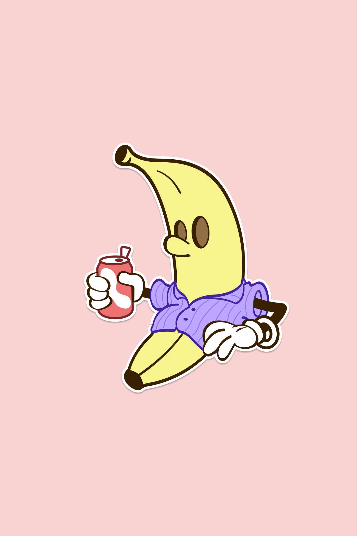 A banana drawn as a simple early disney-style cartoon character with a face and hands but no legs or feet.