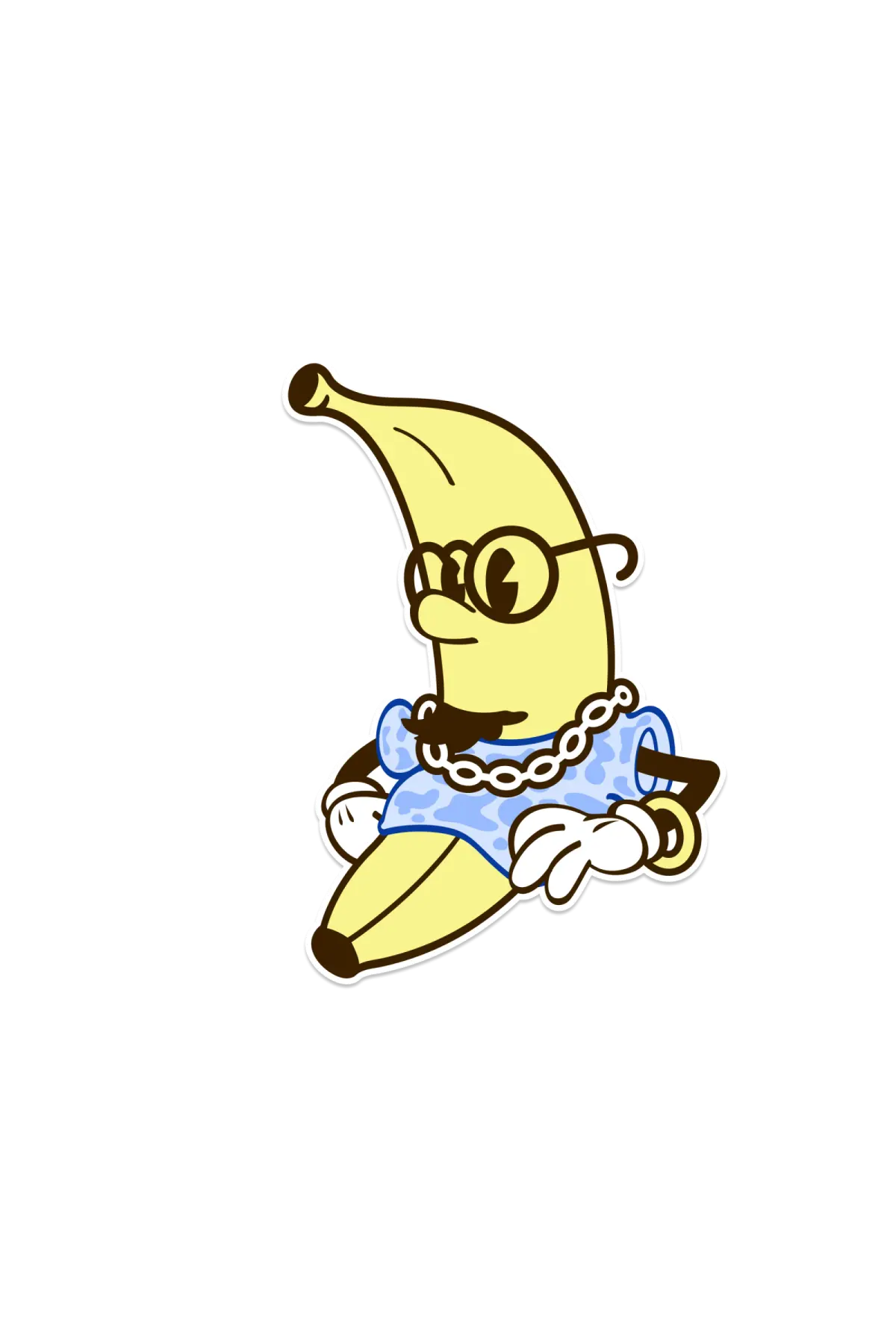 A banana drawn as a simple early disney-style cartoon character with a face and hands but no legs or feet.