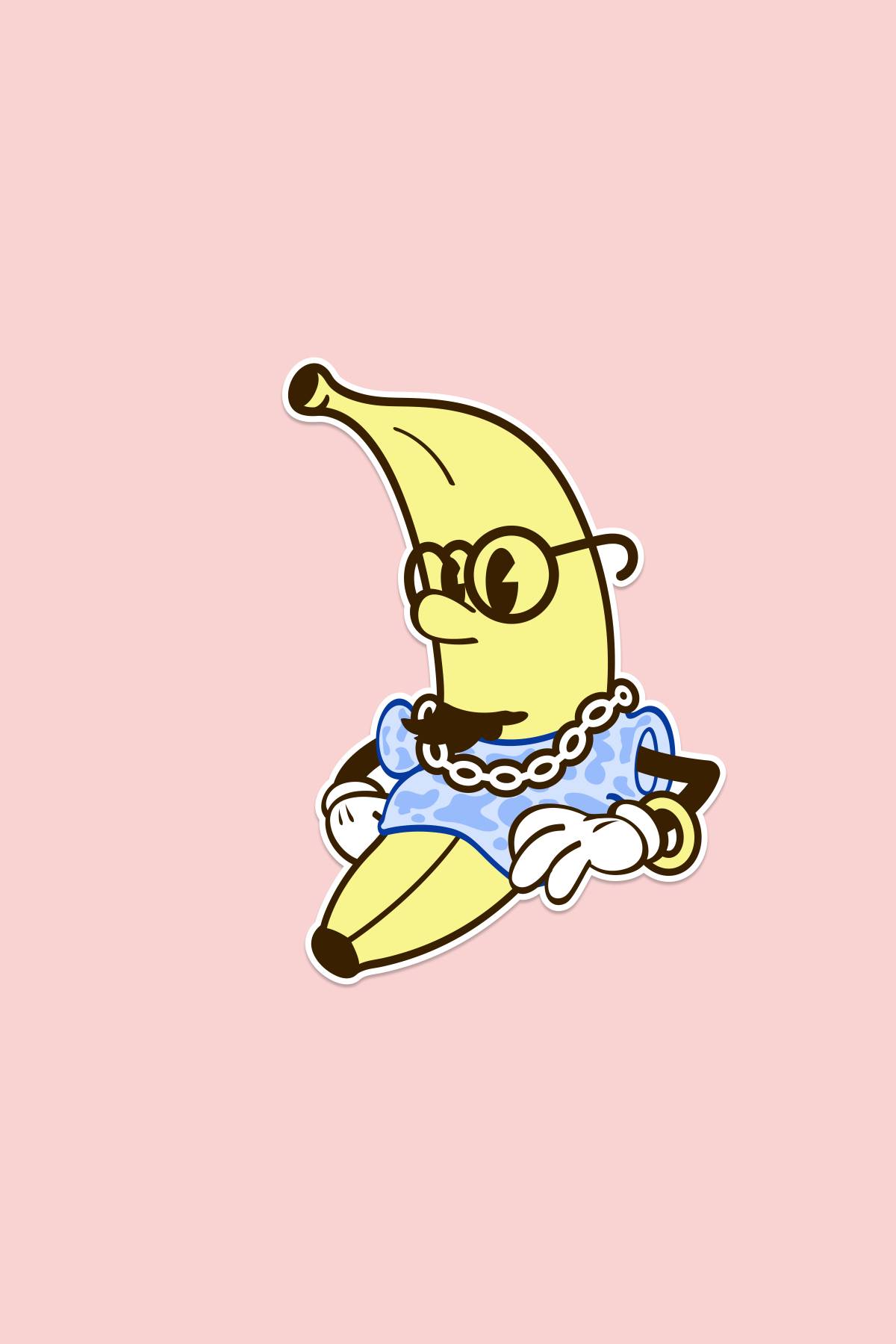 A banana drawn as a simple early disney-style cartoon character with a face and hands but no legs or feet.