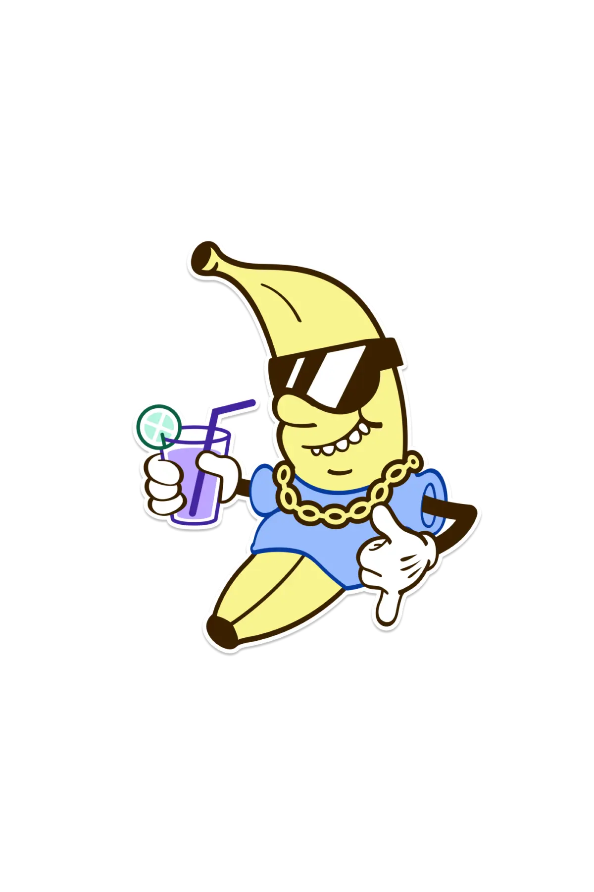 A banana drawn as a simple early disney-style cartoon character with a face and hands but no legs or feet.