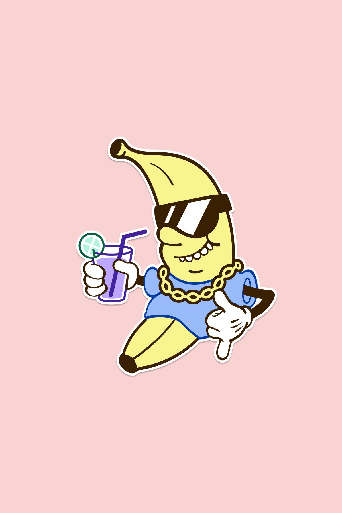 A banana drawn as a simple early disney-style cartoon character with a face and hands but no legs or feet.