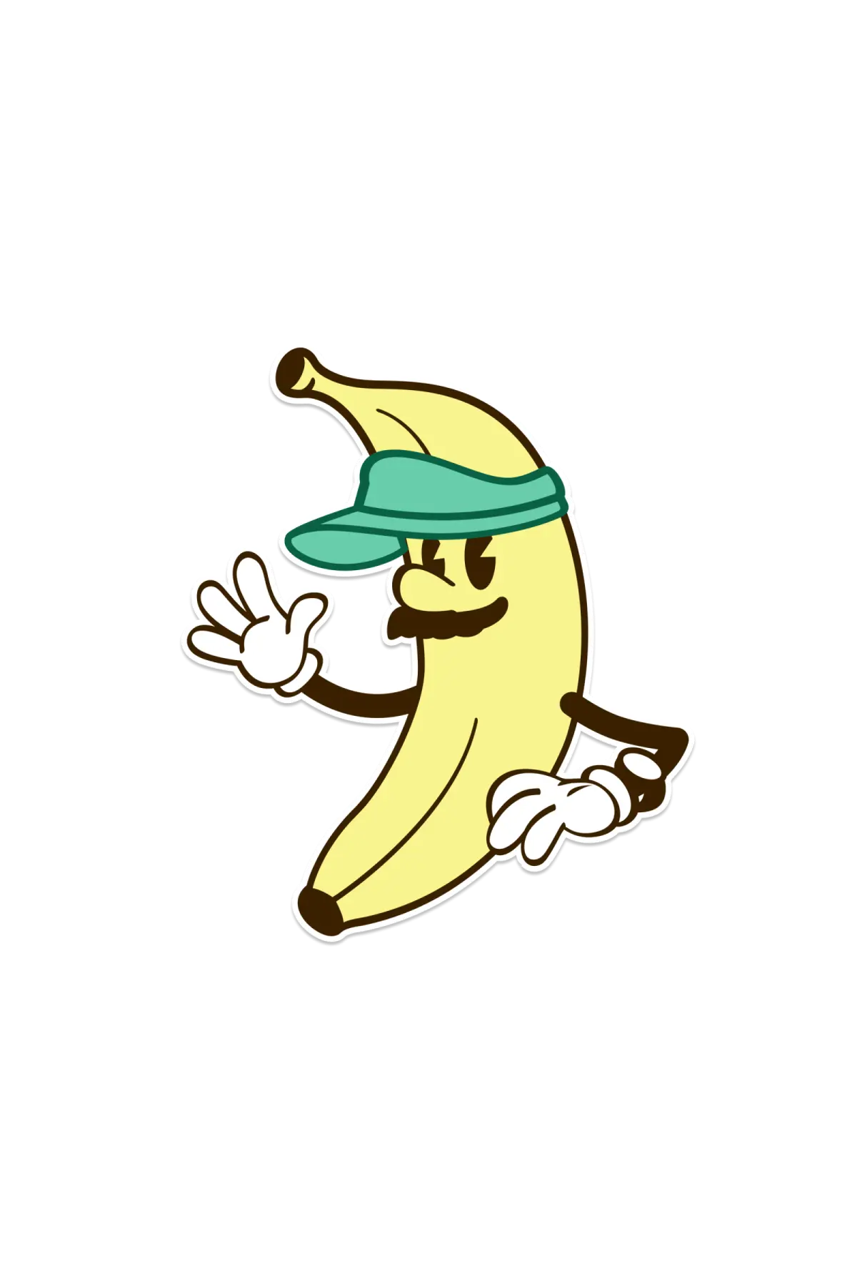 A banana drawn as a simple early disney-style cartoon character with a face and hands but no legs or feet.