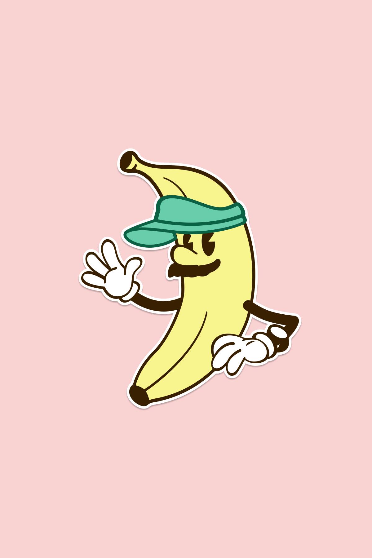 A banana drawn as a simple early disney-style cartoon character with a face and hands but no legs or feet.