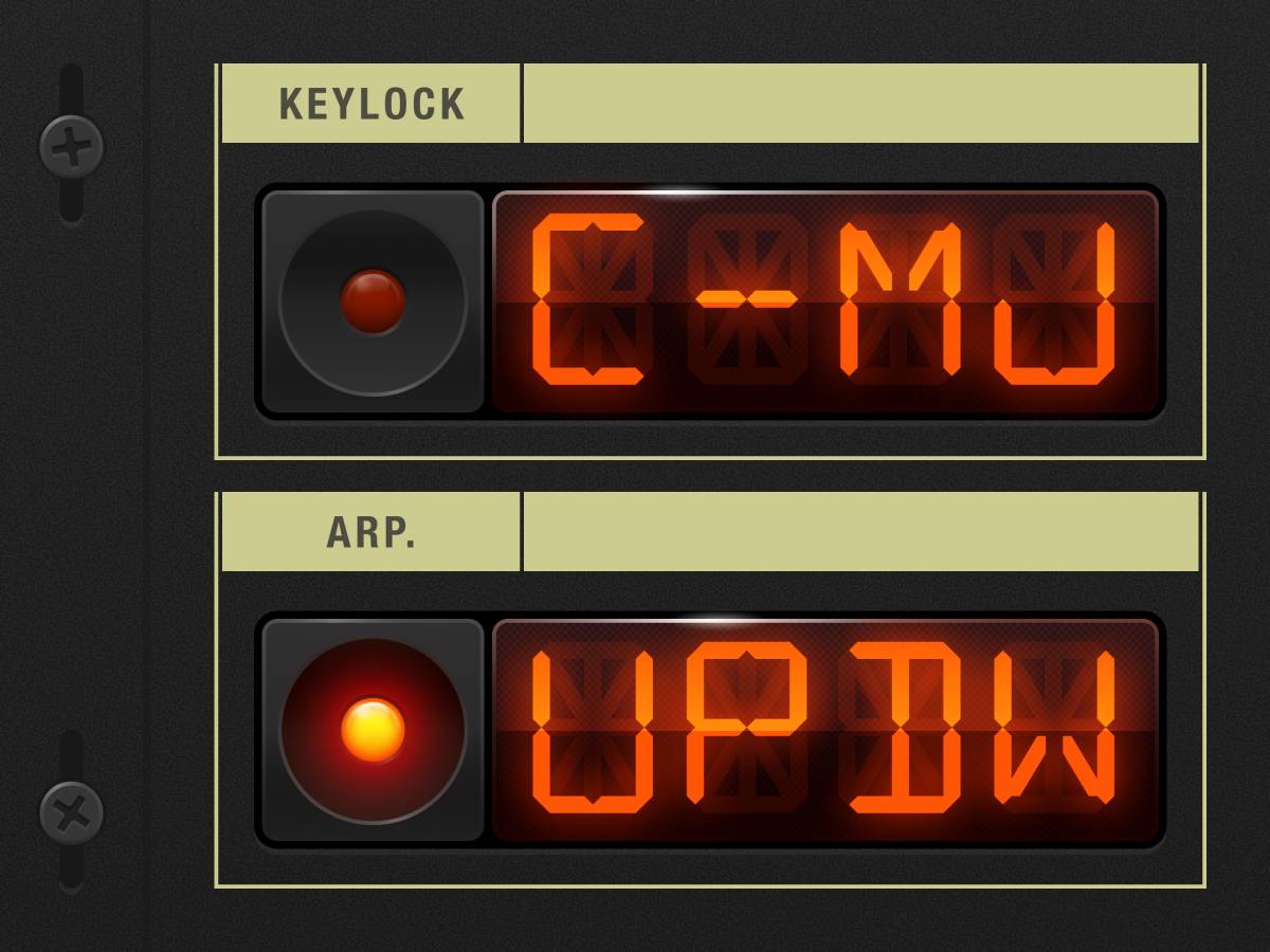A close up of two very detailled sythesizer controls. The controls feature a label on the top (»Keylock« and »Arp.«), a latching button on the left with an led at its center and a segmented red display on the right. The first button is not pressed, the led is not lit, the display reads »C-MJ«. The second button is pressed, the led is lit and the display reads »UPDW«.