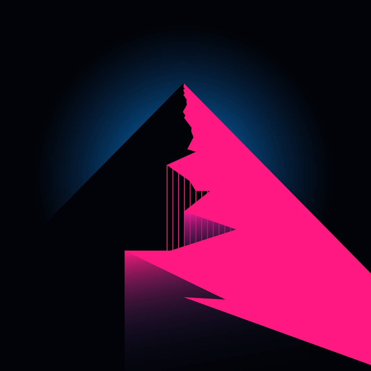 Simple synthwave style vector illustration: a more detailed mountain with a large crack running through its center.
