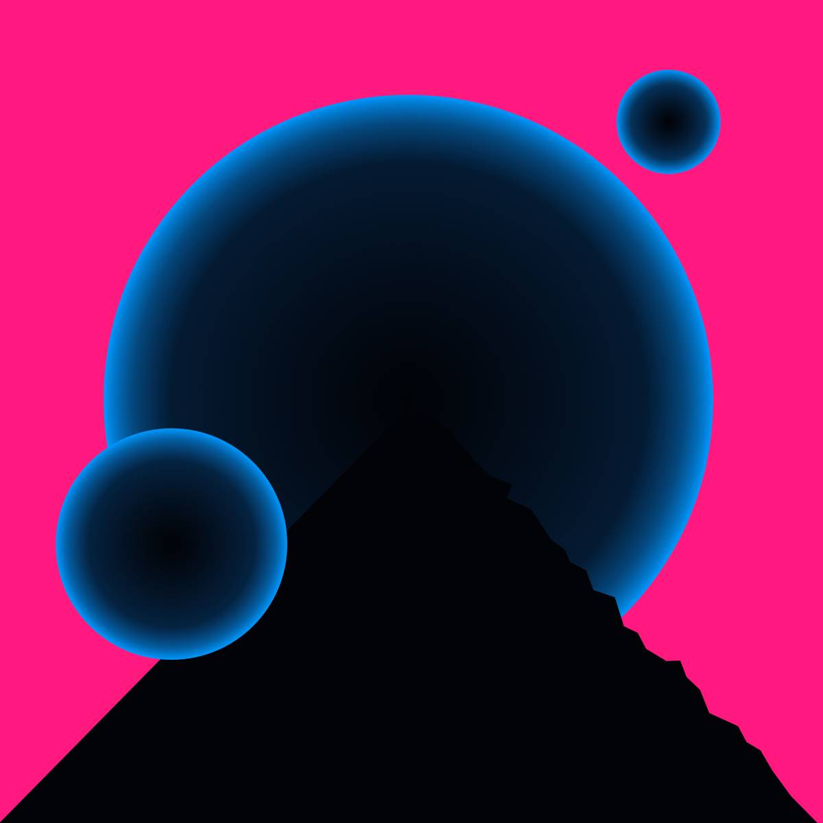 Simple synthwave style vector illustration: a mountain top against a large planet with two small moons.